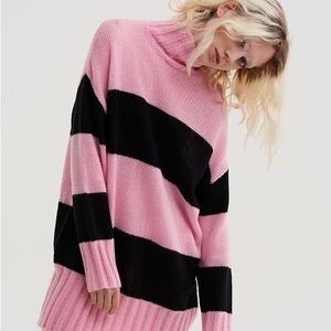 Lazy Oaf Pink and Black Striped Turtleneck Sweater